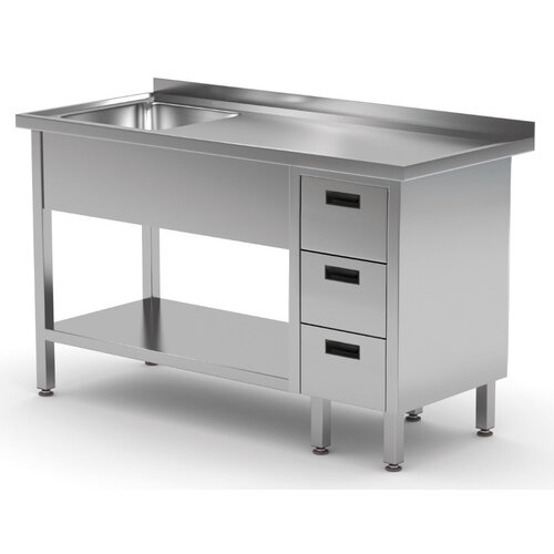 INOXI Spoeltafel + Bodemschap + Spoelbak 400x400x(h)250 + 3 Ladenblok 1500(b)x700(d)x850(h)mm