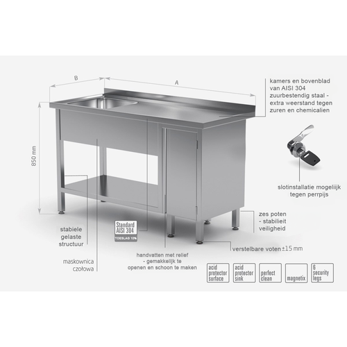 INOXI Spoeltafel + Bodemschap + Spoelbak 400x400x(h)250 + 1 Klapdeur 1100(b)x700(d)x850(h)mm