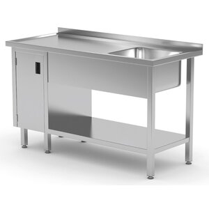 INOXI Stainless steel table with sink, undershelf and cabinet with hinged door - sink on right side | 1800x600x(h)850 mm