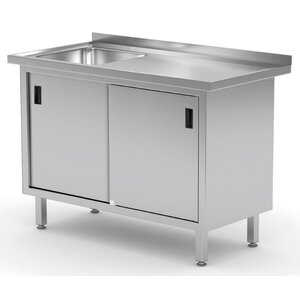 INOXI Stainless steel table with sink and cabinet with sliding doors - sink on left side | 1400x700x(h)850 mm