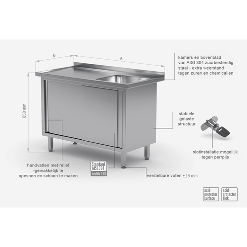 INOXI RVS Spoeltafel 1800(b)x600(d)x850(h)mm + Spoelbak (rechts) 400x400x250(h) + 2 Schuifdeuren hEAVY DUTY