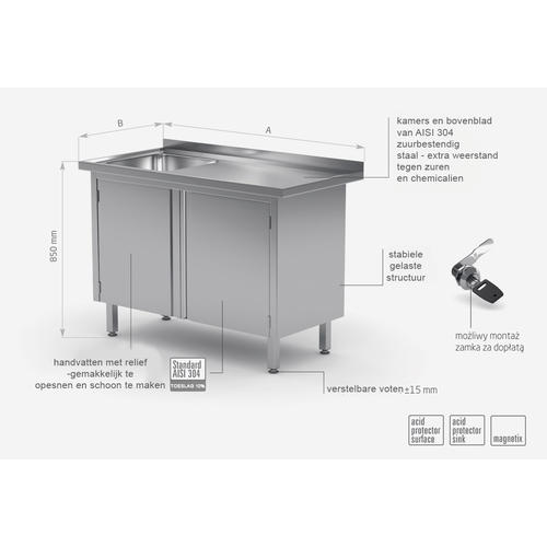 INOXI RVS Spoeltafel 1300(b)x700(d)x850(h)mm + Spoelbak (links) 400x400x250(h) + 2 Klapdeuren hEAVY DUTY