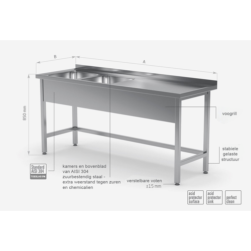 INOXI RVS Spoeltafel 1600(b)x600(d)x850(h)mm + 2 Spoelbakken (links) 400x400x250(h)mm