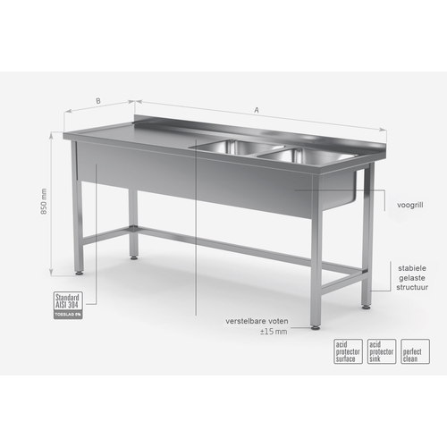 INOXI RVS Spoeltafel 1600(b)x700(d)x850(h)mm + 2 Spoelbakken (rechts) 400x400x250(h)mm