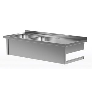 INOXI Wandmodel Spoeltafel 1600(b)x700(d)x300(h)mm + 2 Spoelbakken (links) 400x400x250(h) mm