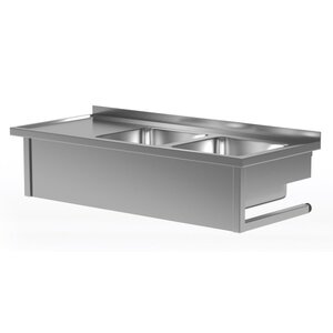 INOXI Wandmodel Spoeltafel 1600(b)x600(d)x300(h)mm + 2 Spoelbakken (rechts) 400x400x250(h) mm