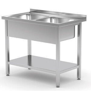INOXI Stainless steel table with two sinks and shelf | 1000x700x(h)850 mm