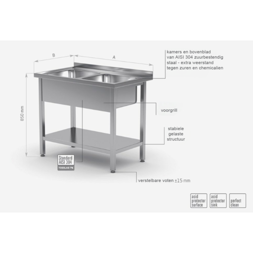 INOXI RVS Spoeltafel + 2 Spoelbakken van 400x400x250(h) + Bodemschap | 1000(b)mm | 700(d)mm