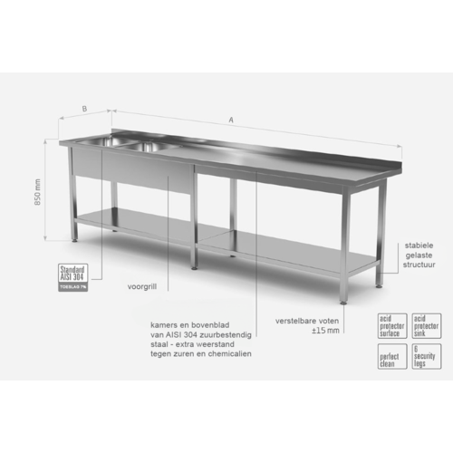 INOXI Stainless steel reinforced table with two sinks and undershelf - sinks on left side | 2000x600x(h)850 mm