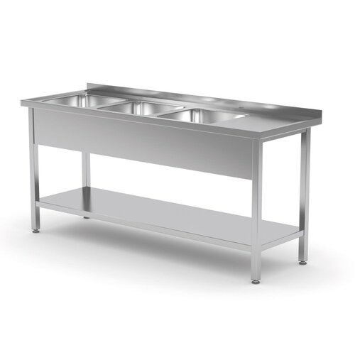INOXI RVS Spoeltafel 1500(b)x700(d)x850(h)mm + 3 Spoelbakken (links) + Bodemschap