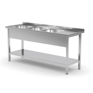 INOXI Stainless steel table with three sinks and undershelf - sinks on left side  | 1600x700x(h)850 mm