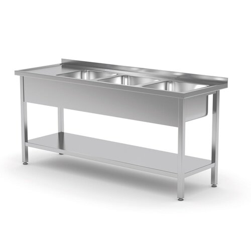 INOXI RVS Spoeltafel 1900(b)x600(d)x850(h)mm + 3 Spoelbakken (rechts) + Bodemschap