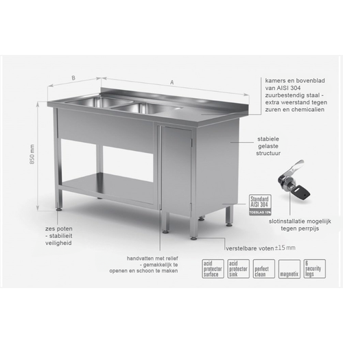 INOXI RVS Spoeltafel 1800(b)x700(d)x850(h)mm + 2 Spoelbakken links + 1 Klapdeur