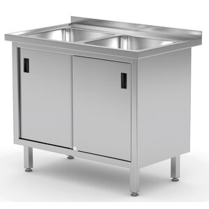 INOXI Stainless steel table with two sinks and cabinet with sliding doors | 1000x700x(h)850 mm