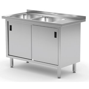 INOXI Stainless steel table with two sinks and cabinet with sliding doors - sinks on left side | 1800x600x(h)850 mm