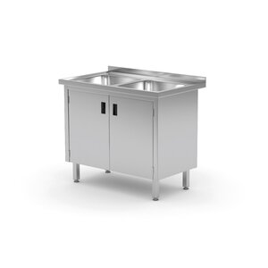 INOXI Stainless steel table with two sinks and cabinet with hinged doors | 1000x600x(h)850 mm
