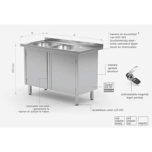 INOXI Stainless steel table with two sinks and cabinet with hinged doors - sinks on left side | 1300x600x(h)850 mm