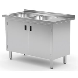 INOXI Stainless steel table with two sinks and cabinet with hinged doors - sinks on left side | 1400x600x(h)850 mm