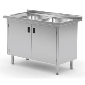 INOXI Stainless steel table with two sinks and cabinet with hinged doors - sinks on right side | 1500x600x(h)850 mm