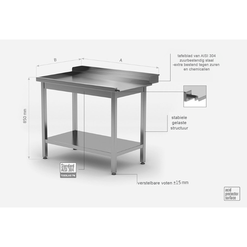 INOXI Afvoertafel doorschuifvaatwasser (links) + Onderplank 1300(b)x700(d)x850(h)mm
