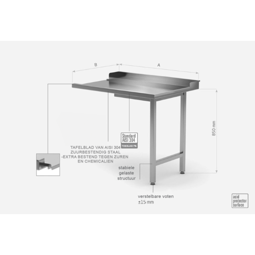 INOXI Afvoertafel doorschuifvaatwasser (rechts) inhaak model 600(b)x700(d)x850(h)mm