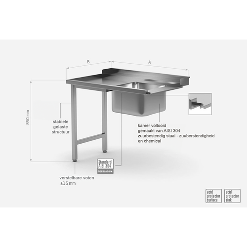 INOXI Afvoertafel doorschuifvaatwasser (links) inhaak model 1000(b)x760(d)x850(h)mm