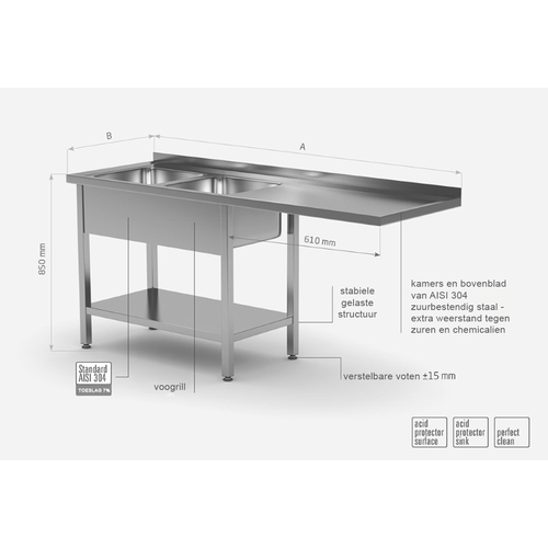 INOXI Spoeltafel met blad en onderruimte + 2 Spoelbakken (links) + Bodemschap 2100(b)x600(d)x850(h)mm