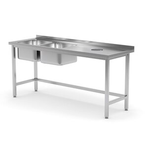 INOXI Stainless steel table with two sinks and waste hole - sinks on left side | 1900x600x(h)850 mm
