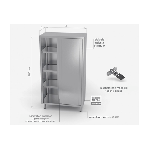INOXI Servieskast RVS 900X600X1800(h)mm + 2 Schuifdeuren + 3 Planken HEAVY DUTY