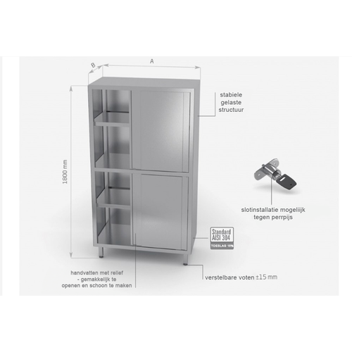 INOXI Servieskast RVS 1100X500X1800(h)mm + 4 Schuifdeuren + 3 Planken HEAVY DUTY