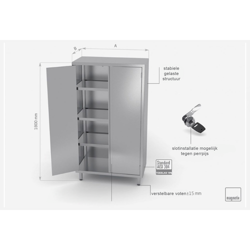 INOXI RVS Opbergkast 1100X700X1800(h)mm + 1 Klapdeur + 3 Legplanken HEAVY DUTY