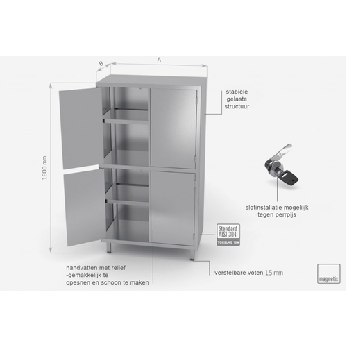 INOXI RVS Opbergkast 800X700X2000(h)mm + 4 Klapdeuren + 3 Planken
