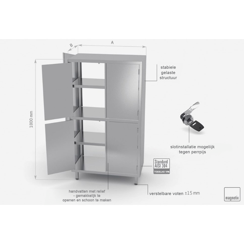 INOXI RVS Opbergkast 1200X500X1800(h)mm + 4 Klapdeuren + 3 Planken