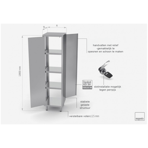 INOXI RVS Opbergkast 600X600X1800(h)mm + 1 Klapdeuren + 4 Planken