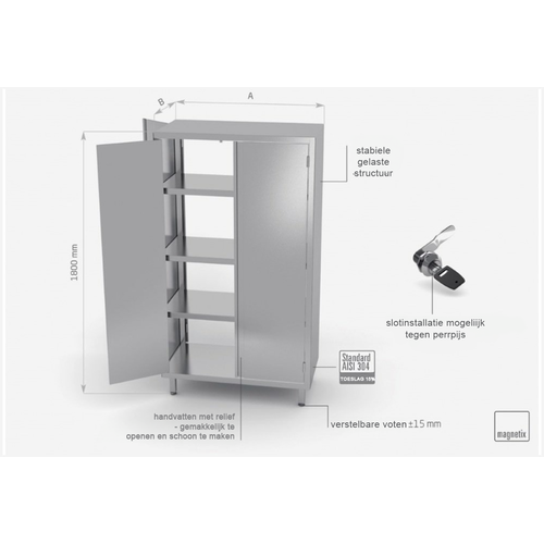 INOXI RVS Opbergkast 1200X500X2000(h)mm + 1 Klapdeuren + 4 Planken
