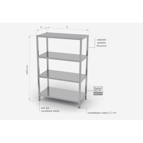 INOXI RVS Opbergrek - 4 Schappen in hoogte verstelbaar 1300X700X1800(h)mm