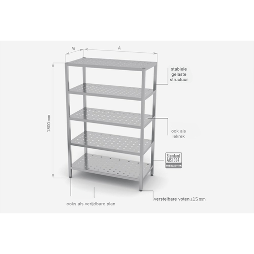 INOXI RVS Voorraadrek geperforeerd - 5 Schappen 1300X500X1800(h)mm