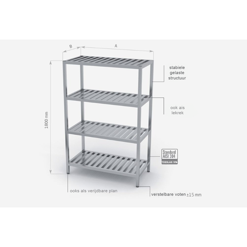 INOXI Stainless steel storage rack with 4 grating shelves | 1300x700x(h)1800 mm