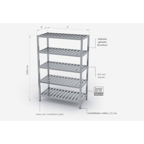 INOXI Stainless steel storage rack with 5 grating shelves | 700x400x(h)1800 mm