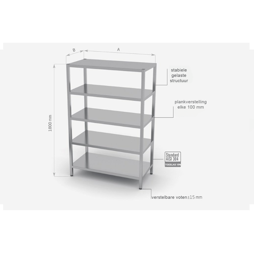 INOXI RVS Voorraadrek - 5 Schappen in hoogte verstelbaar 1300X400X1800(h)mm