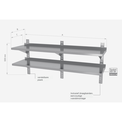 INOXI Wandplank 1900X400X600(h)mm RVS 2 Planken + 3 Stalen beugels