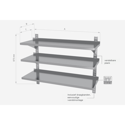 INOXI Stainless steel hanging shelf with three adjustable shelves - with two brackets | 1400x300x(h)875 mm