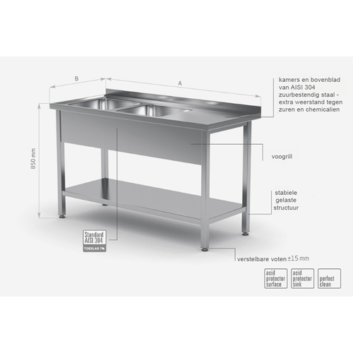 INOXI RVS Spoeltafel 1200(b)x700(d)x850(h)mm + 2 Spoelbakken 400x400x250(h) (links)