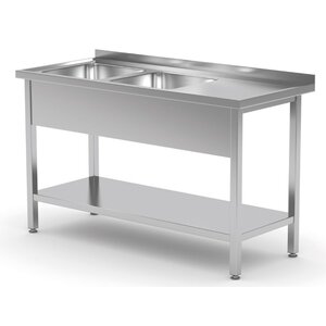 INOXI Stainless steel table with two sinks and undershelf - sinks on left side | 1800x600x(h)850 mm