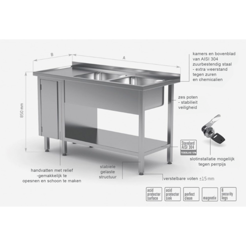 INOXI Stainless steel table with two sinks, undershelf and cabinet with hinged door - sinks on right side | 2000x700x(h)850 mm