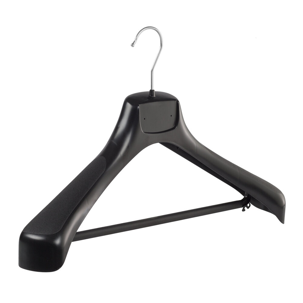 Mantelhanger - Kostuumhanger - Jassenhanger - Volwassenen - ETR46 - 10 Stuks - Kunststof - Zwart - Gebogen Model - Schouderverbreding 7,4 cm - Broeklat - 46 cm - Kledinghanger - Kleerhanger - ETR-Serie