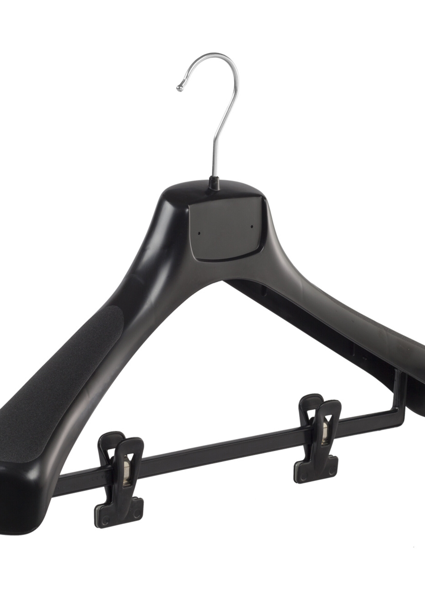 Mantelhanger - Kostuumhanger - Jassenhanger - Volwassenen - ETR46 - 10 Stuks - Kunststof - Zwart - Gebogen Model - Schouderverbreding 7,4 cm - Anti-slip Knijpers - 46 cm - Kledinghanger - Kleerhanger - ETR-Serie