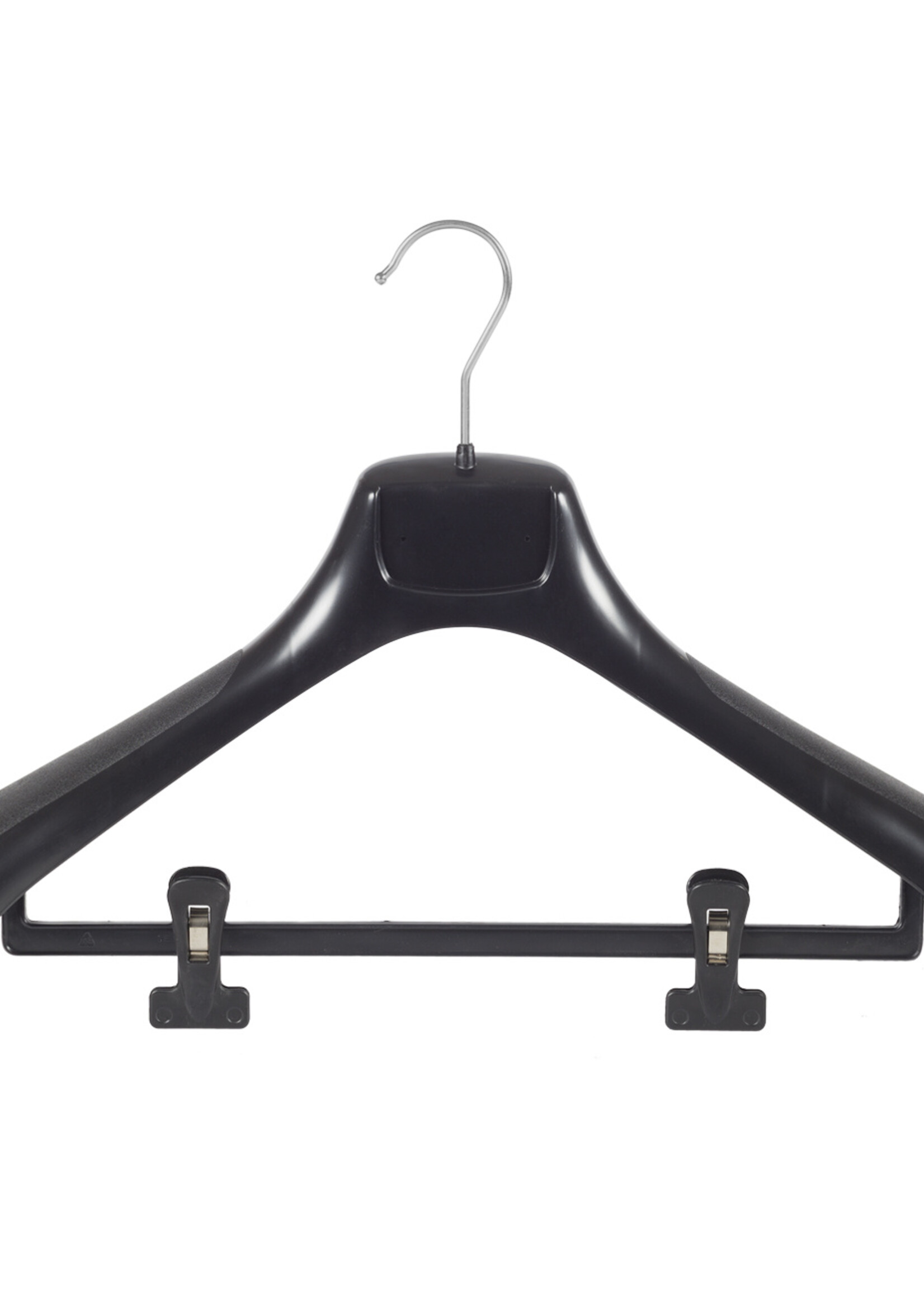 Mantelhanger - Kostuumhanger - Jassenhanger - Volwassenen - ETR46 - 10 Stuks - Kunststof - Zwart - Gebogen Model - Schouderverbreding 7,4 cm - Anti-slip Knijpers - 46 cm - Kledinghanger - Kleerhanger - ETR-Serie