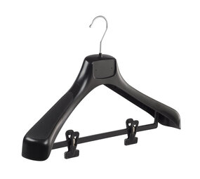 Mantelhanger - Kostuumhanger - Jassenhanger - Volwassenen - ETR46 - 40 Stuks - Kunststof - Zwart - Gebogen Model - Schouderverbreding 7,4 cm - Anti-slip Knijpers - 46 cm - Kledinghanger - Kleerhanger - ETR-Serie