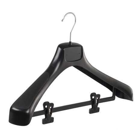 Mantelhanger - Kostuumhanger - Jassenhanger - Volwassenen - ETR46 - 40 Stuks - Kunststof - Zwart - Gebogen Model - Schouderverbreding 7,4 cm - Anti-slip Knijpers - 46 cm - Kledinghanger - Kleerhanger - ETR-Serie